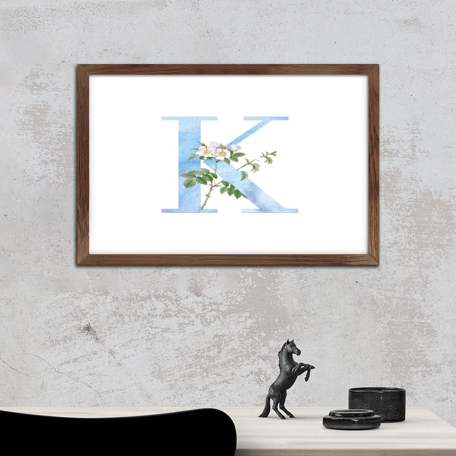 Blue Monogram Initial K Wood Framed Wall Sign