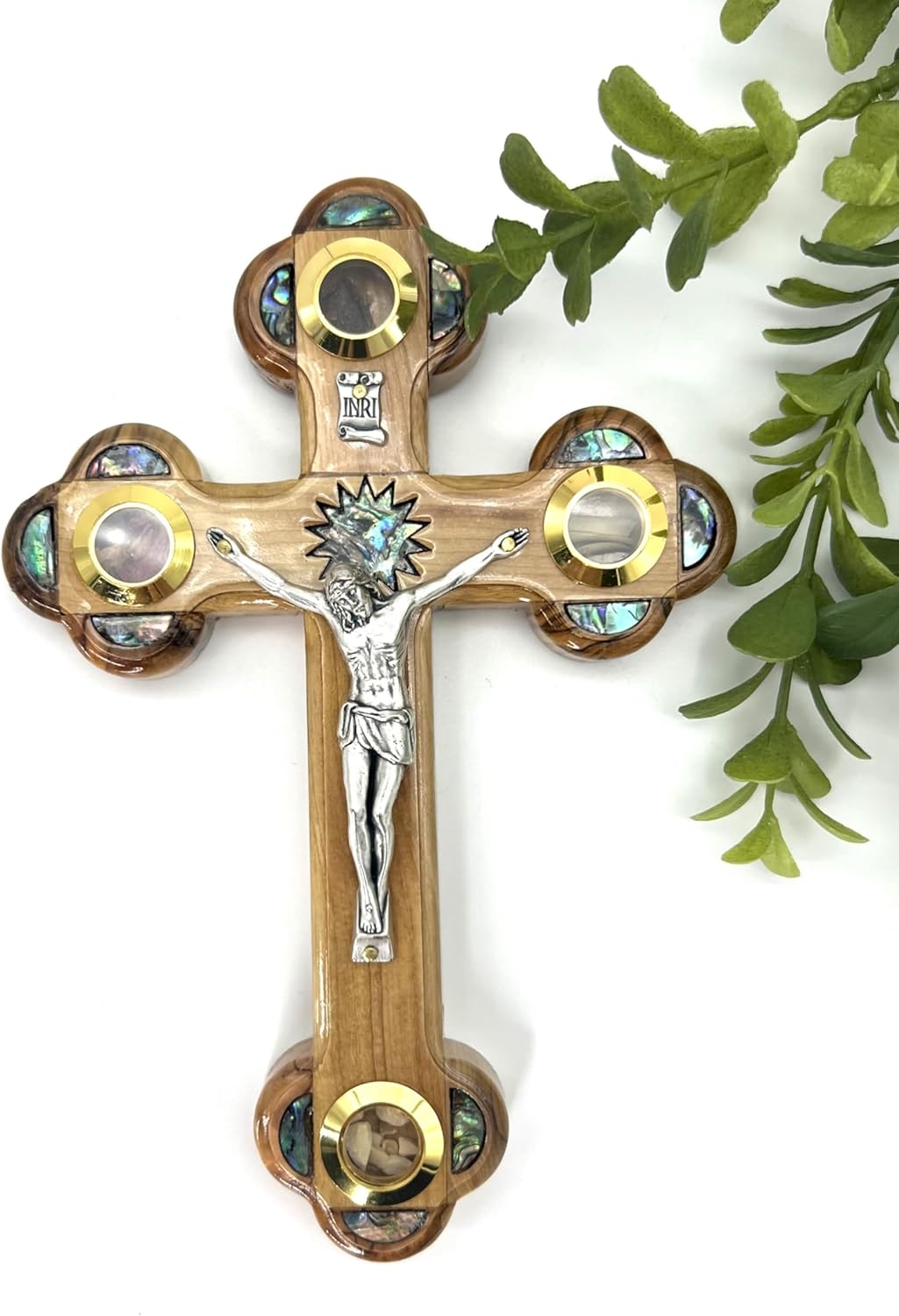 9 Inch Handmade Olive Wood Wall Cross with Relics