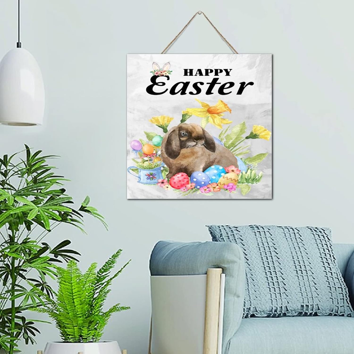 Autravelco Rustic Wood Easter Bunny Sign 12x12 Inch
