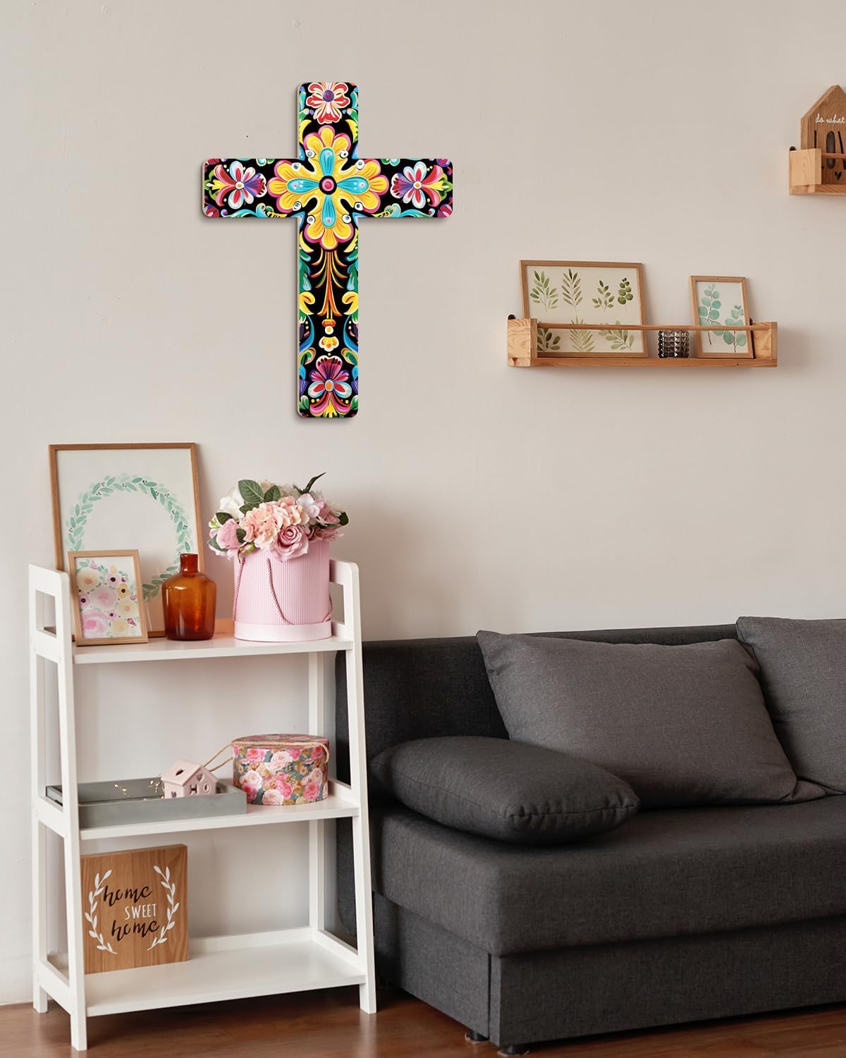 Putuo Decor Mexican Art Wall Cross Decor Orange Flower