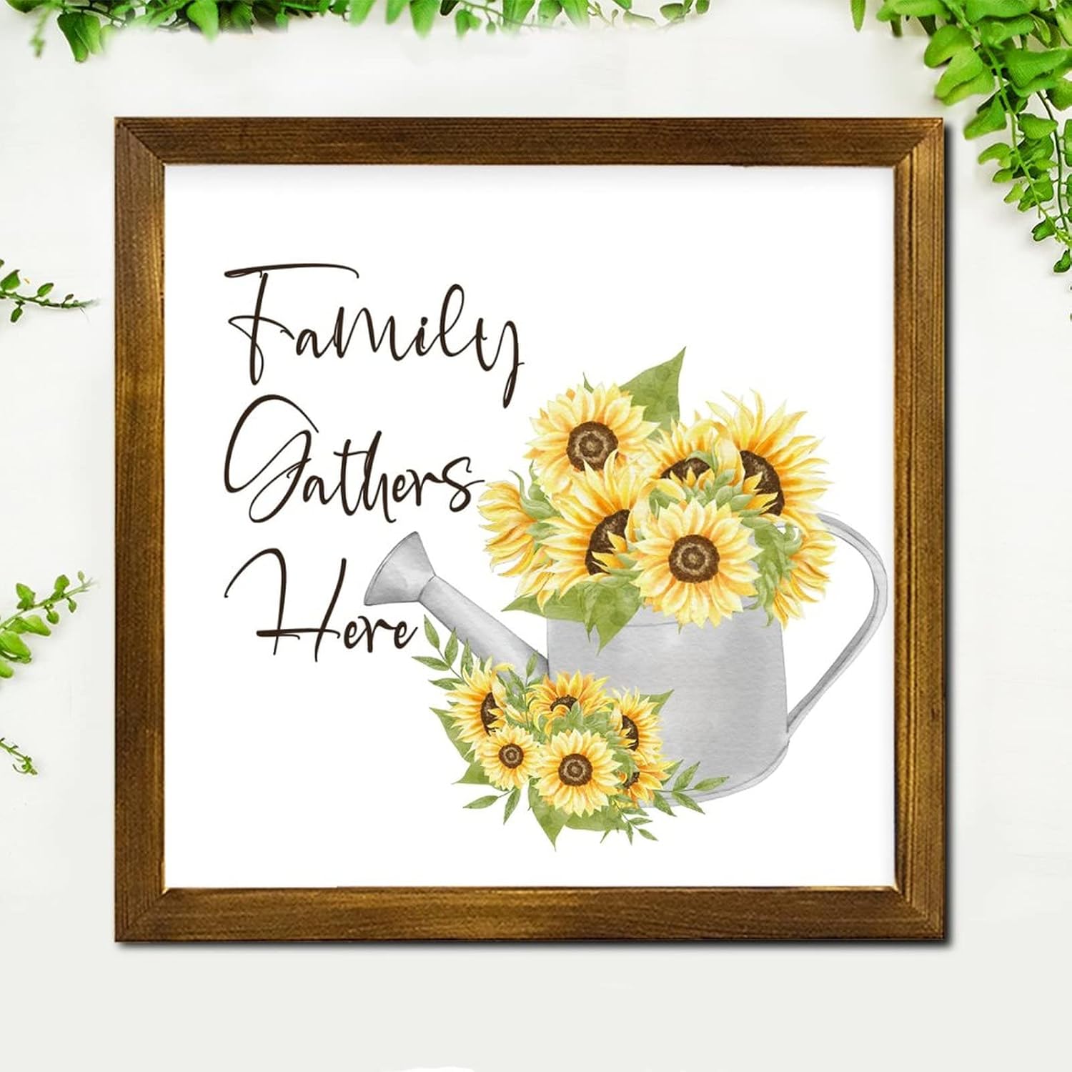 Family Gathers Here Framed Wood Sign 12x12 Inch 1