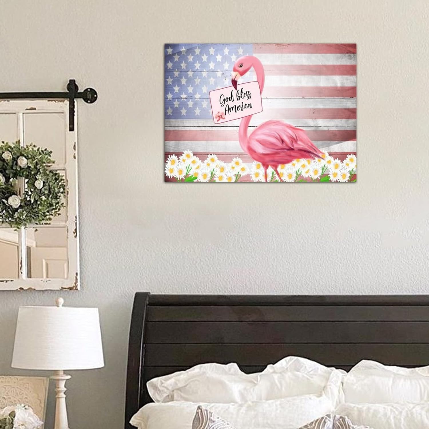 Patriotic Wooden Plaque with America Flag and Pink Flamingo Design