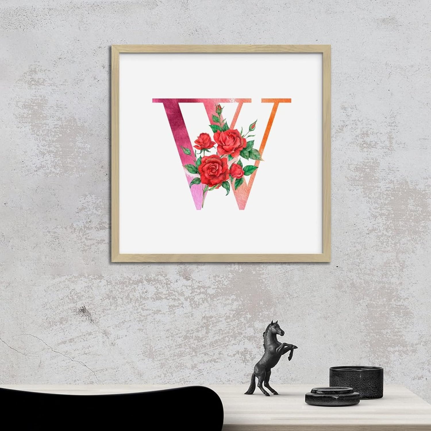 Red Monogram Initial Letter W Framed Wall Art Sign 12x12in