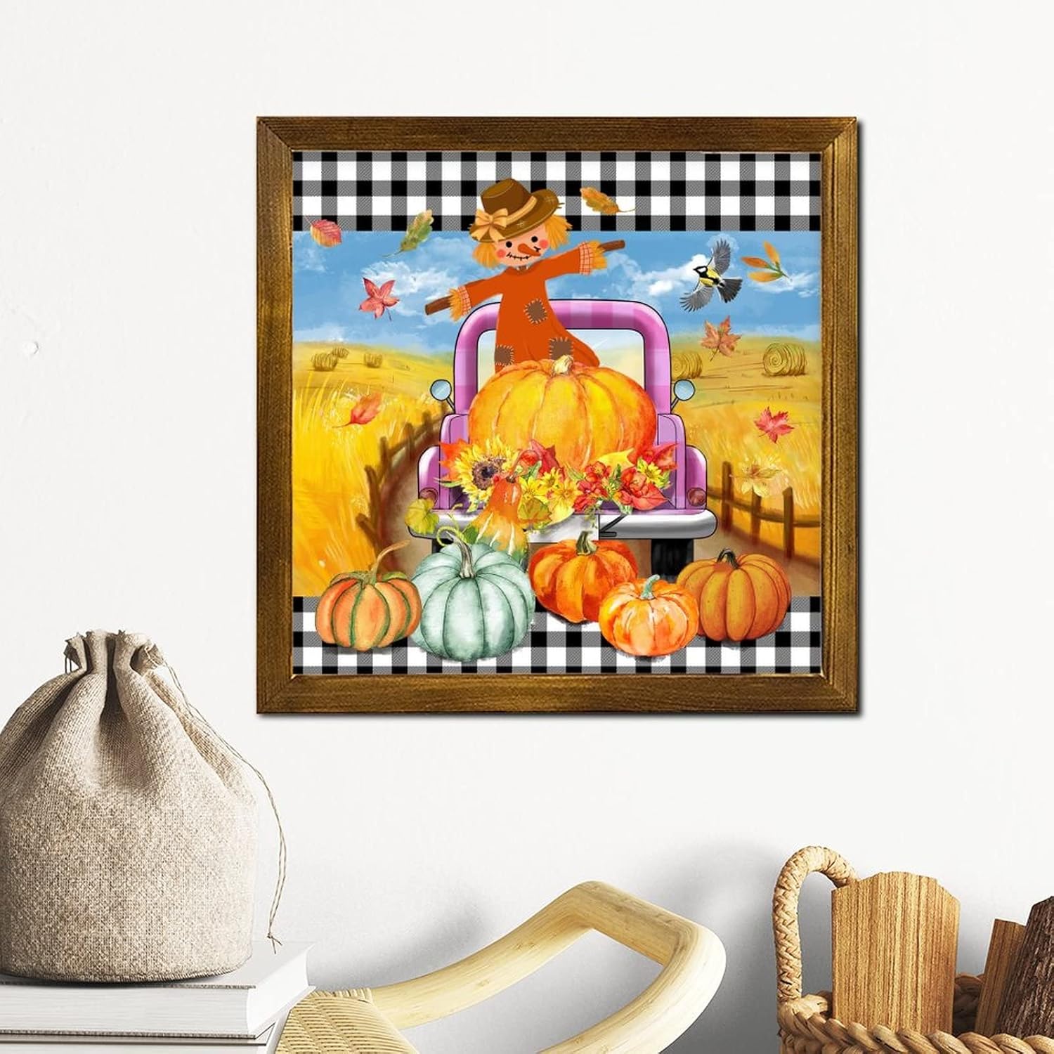 Thanksgiving Scarecrow Plaid Truck Framed Wood Sign