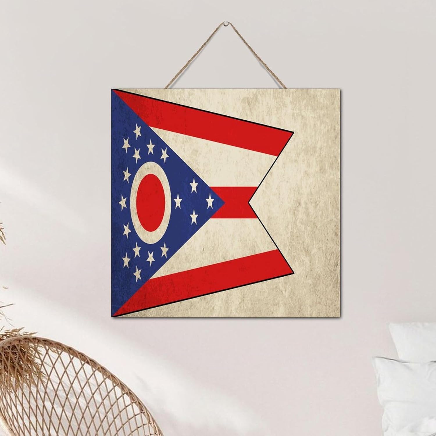 Ohio State Flag Art Decor Distressed Wood Plank Hanging Sign