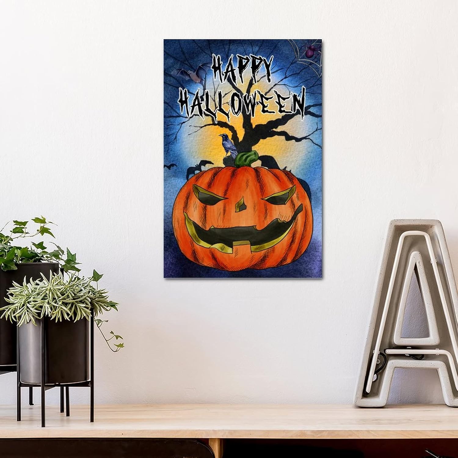 Scary Pumpkin Crow Wood Door Sign 12x8in 1