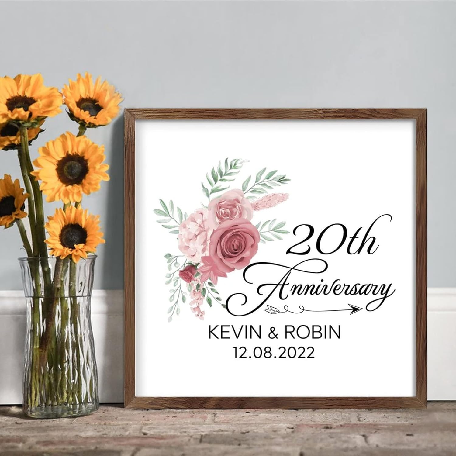 Pink Rose 20th Anniversary Personalized Wood Framed Sign