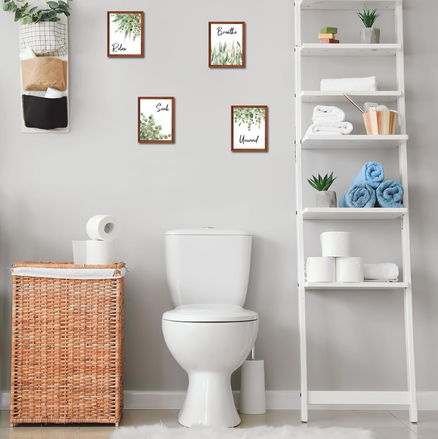 4 Piece Bathroom Wall Decor Boho Leaf Print Wooden Signs