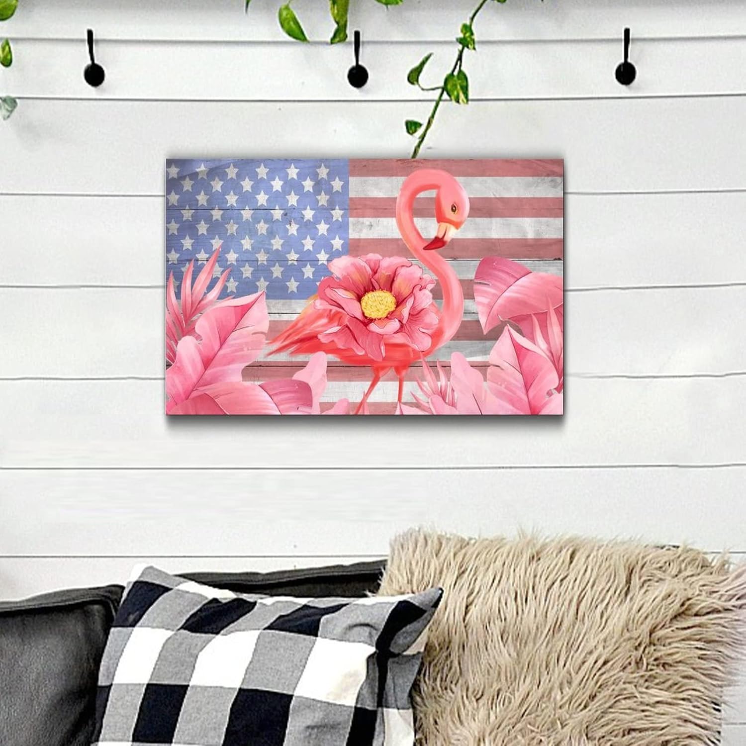 Pink Flamingo Flower 4th of July Wooden Sign