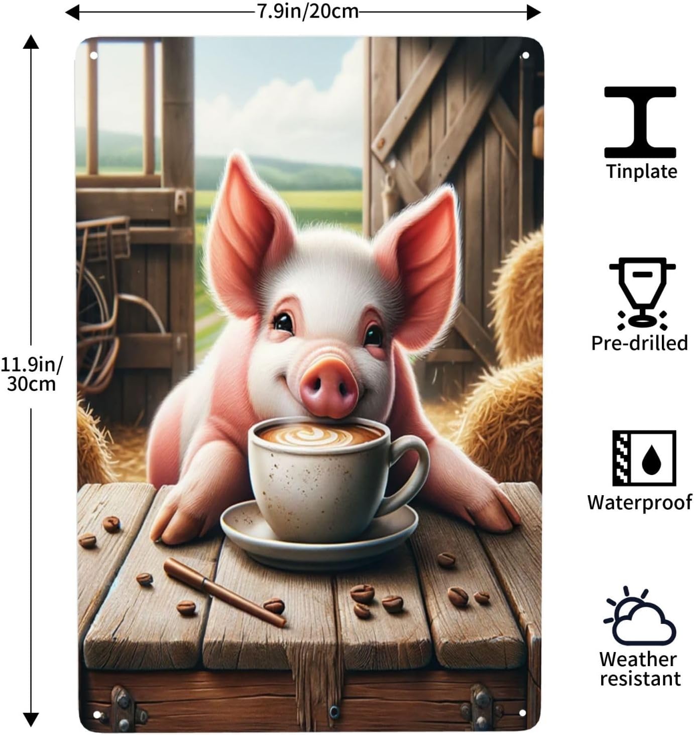 Farmhouse Pig Coffee Time Tin Sign Wall Art Decor