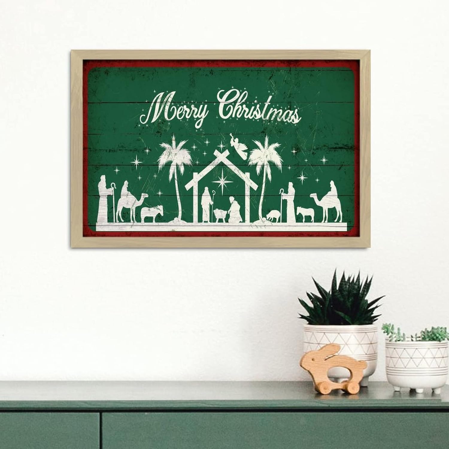 Merry Christmas Wall Art Framed Wooden Sign Retro Decor