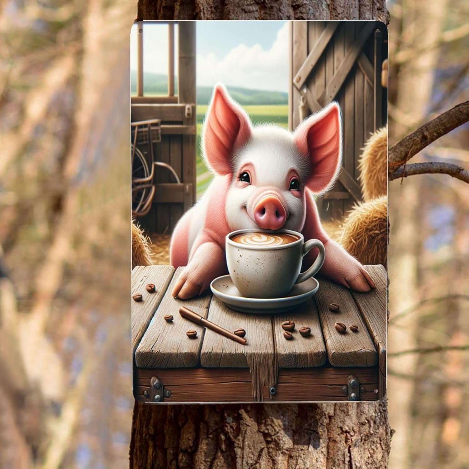 Farmhouse Pig Coffee Time Tin Sign Wall Art Decor