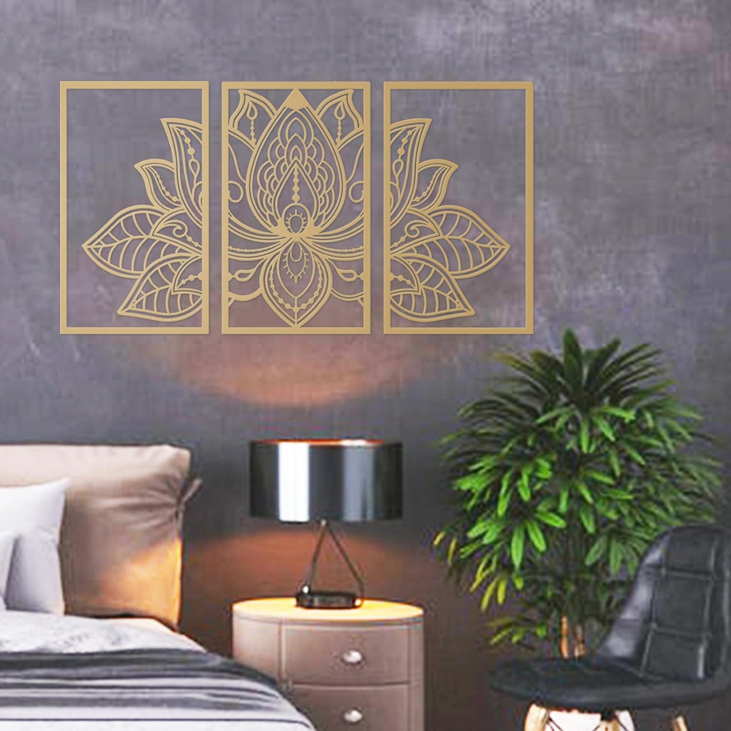 ESTART 3 Pcs Lotus Flower Metal Wall Art Decor Gold