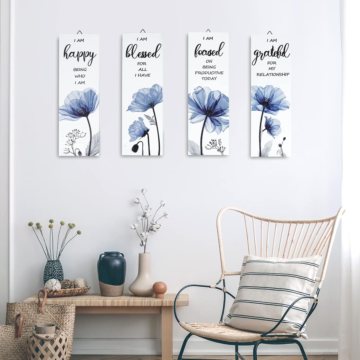 Decalmile 4 Piece Blue Flower Wooden Wall Sign Set