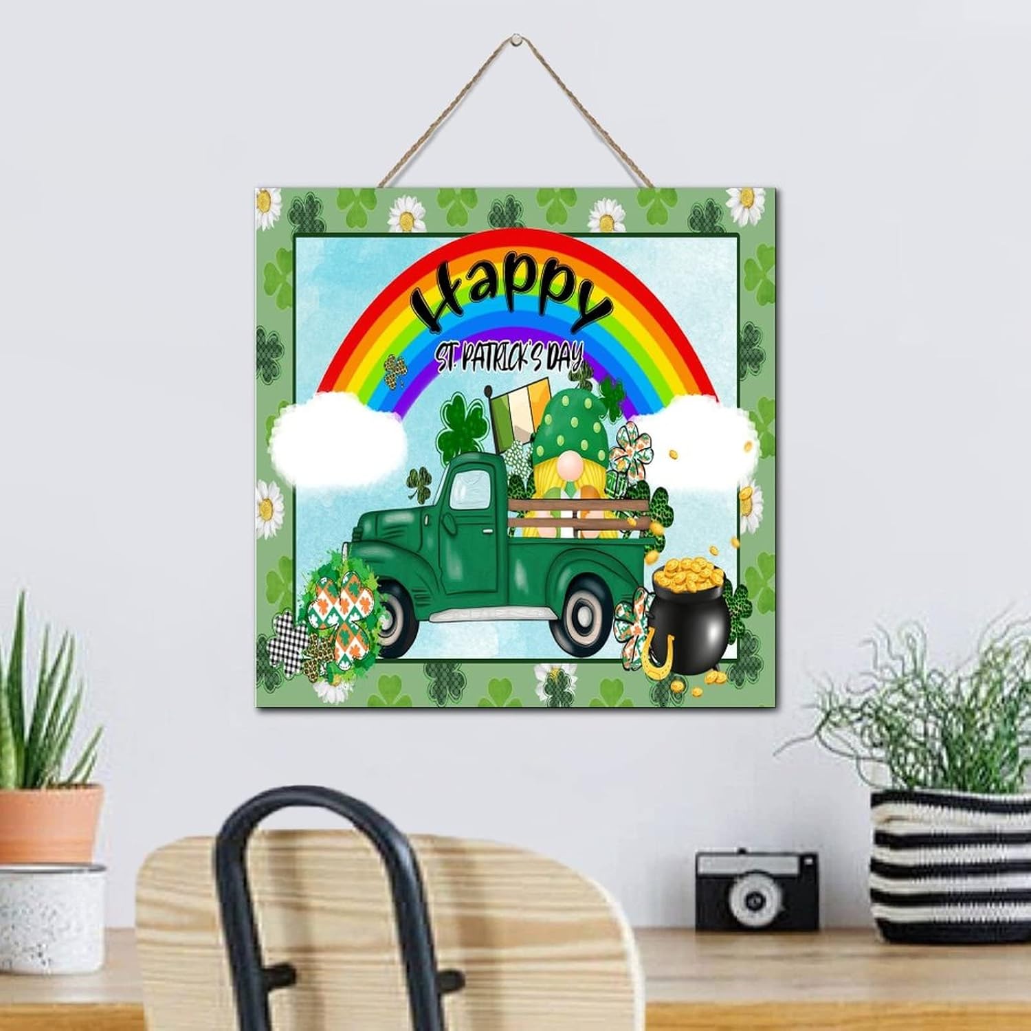 St Patricks Day Green Shamrock Gnomes Wall Decor Sign