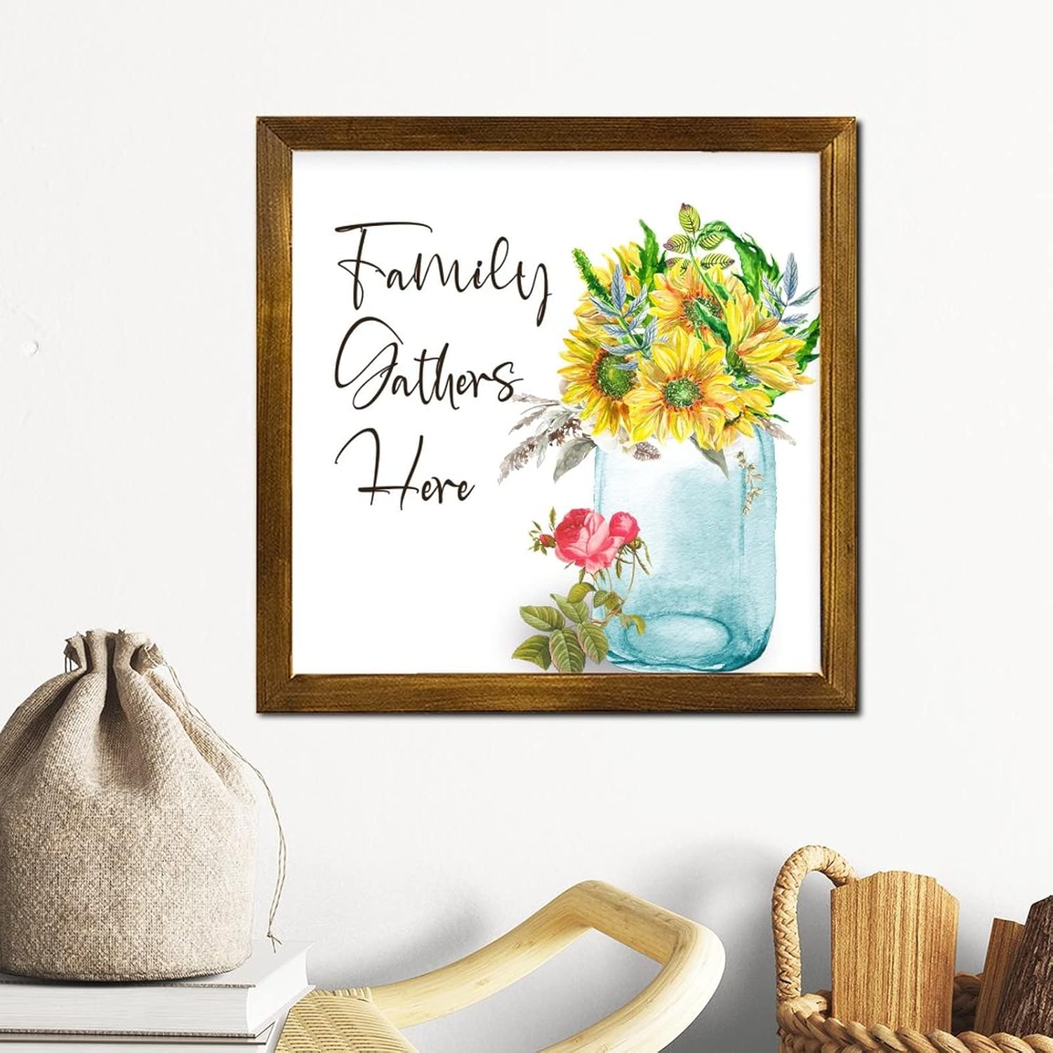 Family Gathers Here Wood Framed Spring Sunflower Wall Decor