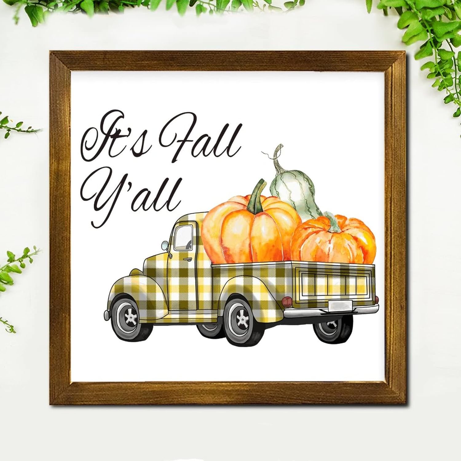 Fall-Themed Yellow Plaid Pumpkin Truck Wooden Wall Sign