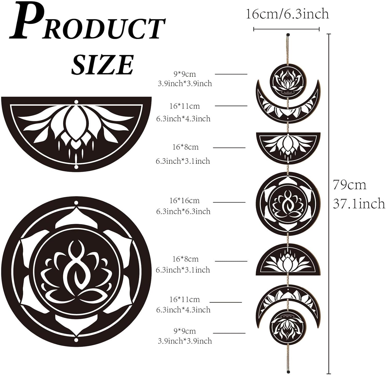 7pcs Moon Phase Wall Hanging Set Boho Decor Wooden Art
