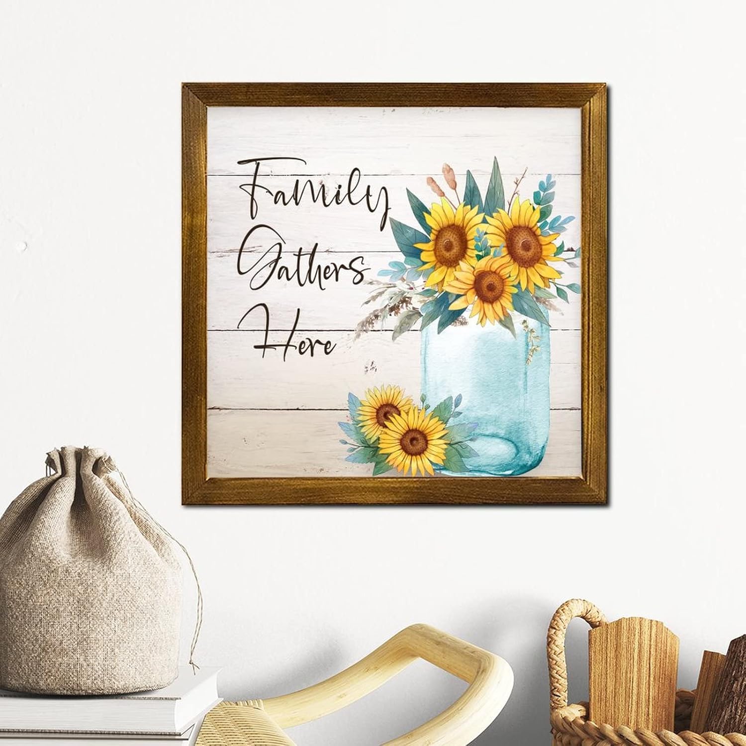 Family Gathers Here 12x12 Inch Farmhouse Wooden Wall Sign