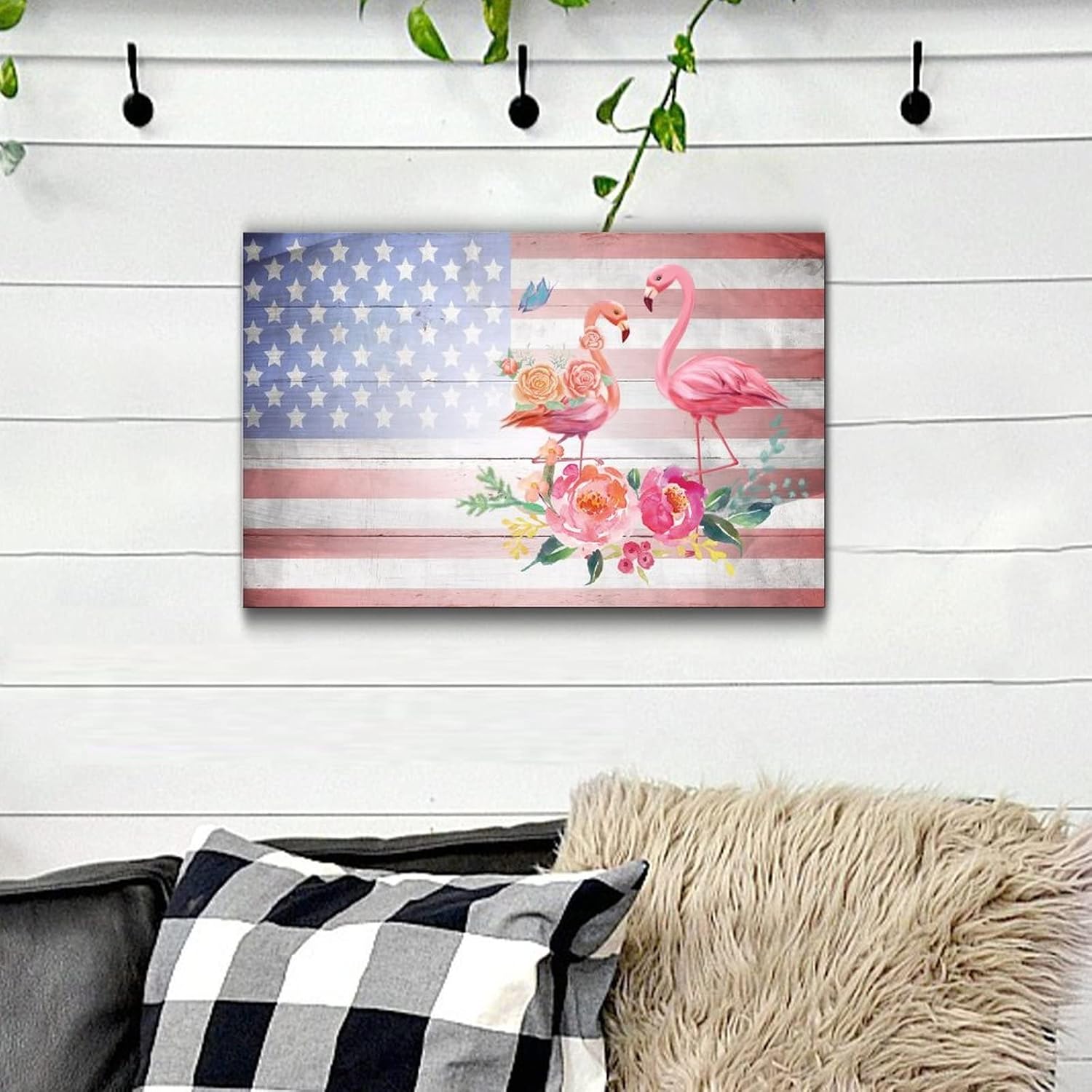Wooden Fourth of July Flag Flamingo Wall Decor Sign