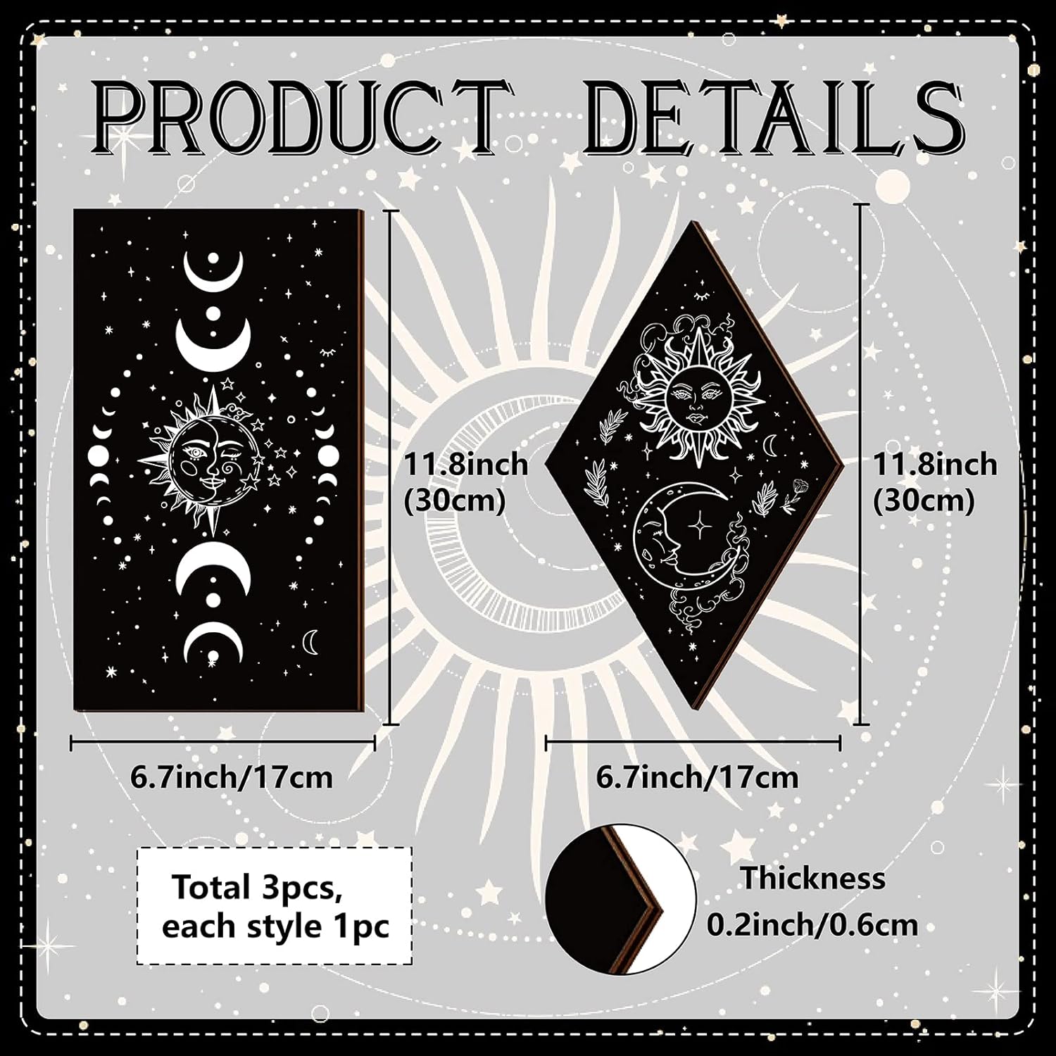 3Pcs Rustic Boho Wall Decor Moon Phases Art