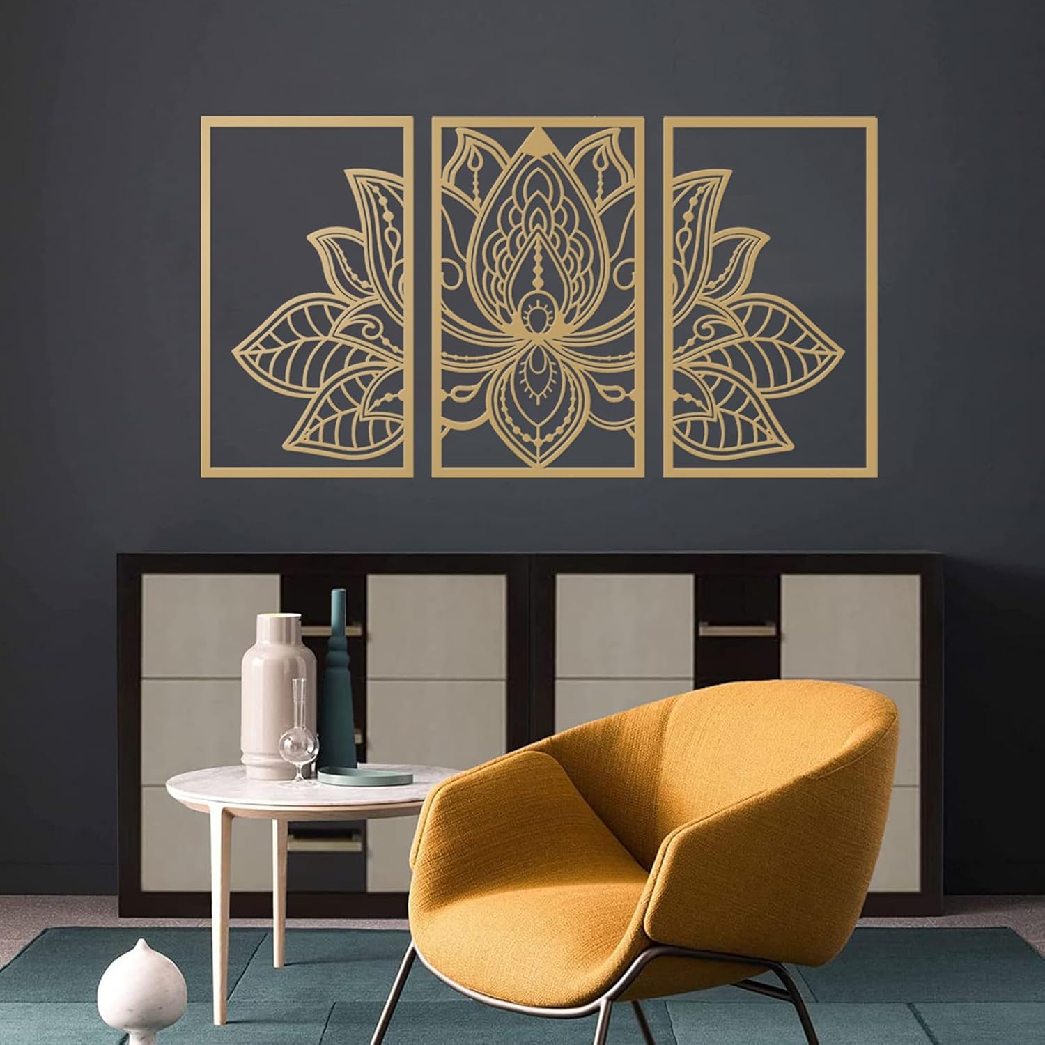 ESTART 3 Pcs Lotus Flower Metal Wall Art Decor Gold
