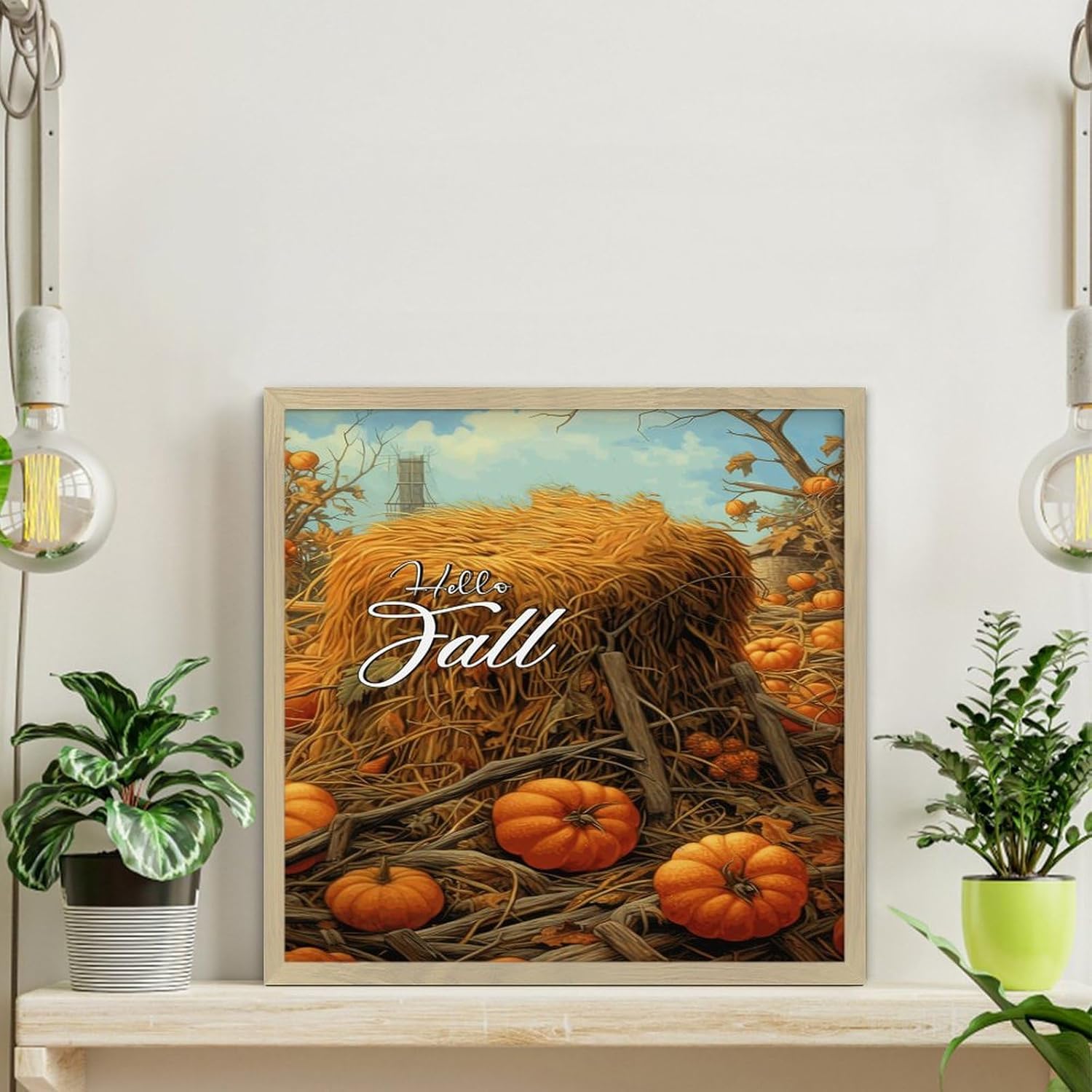 Wood Framed Sign Hello Fall Wall Art Decor 12x12in