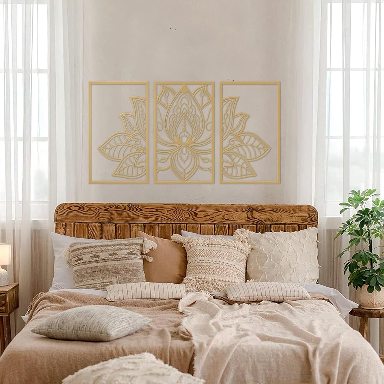 ESTART 3 Pcs Lotus Flower Metal Wall Art Decor Gold
