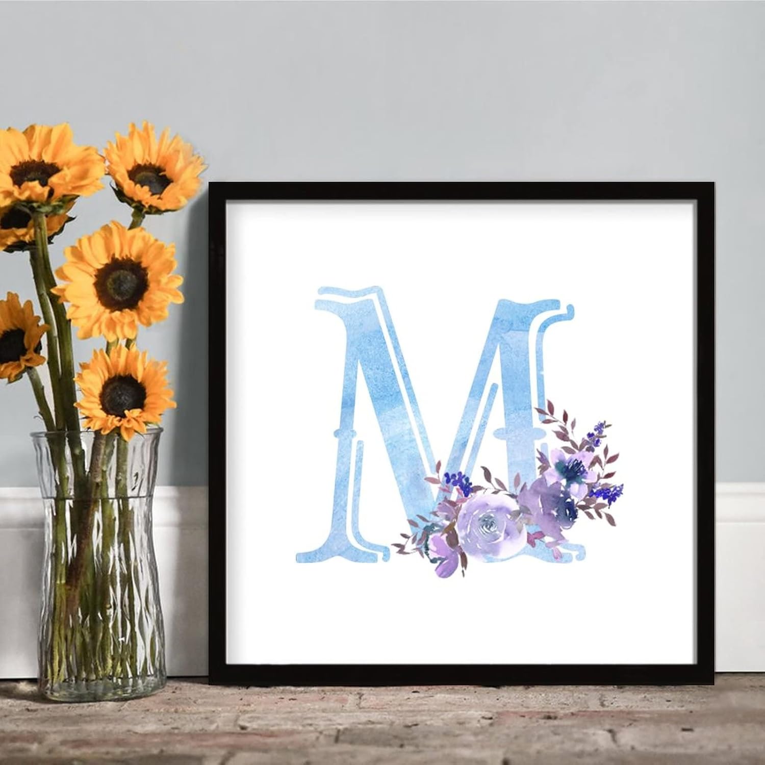 Purple Floral Blue Initial Letter M Wood Sign