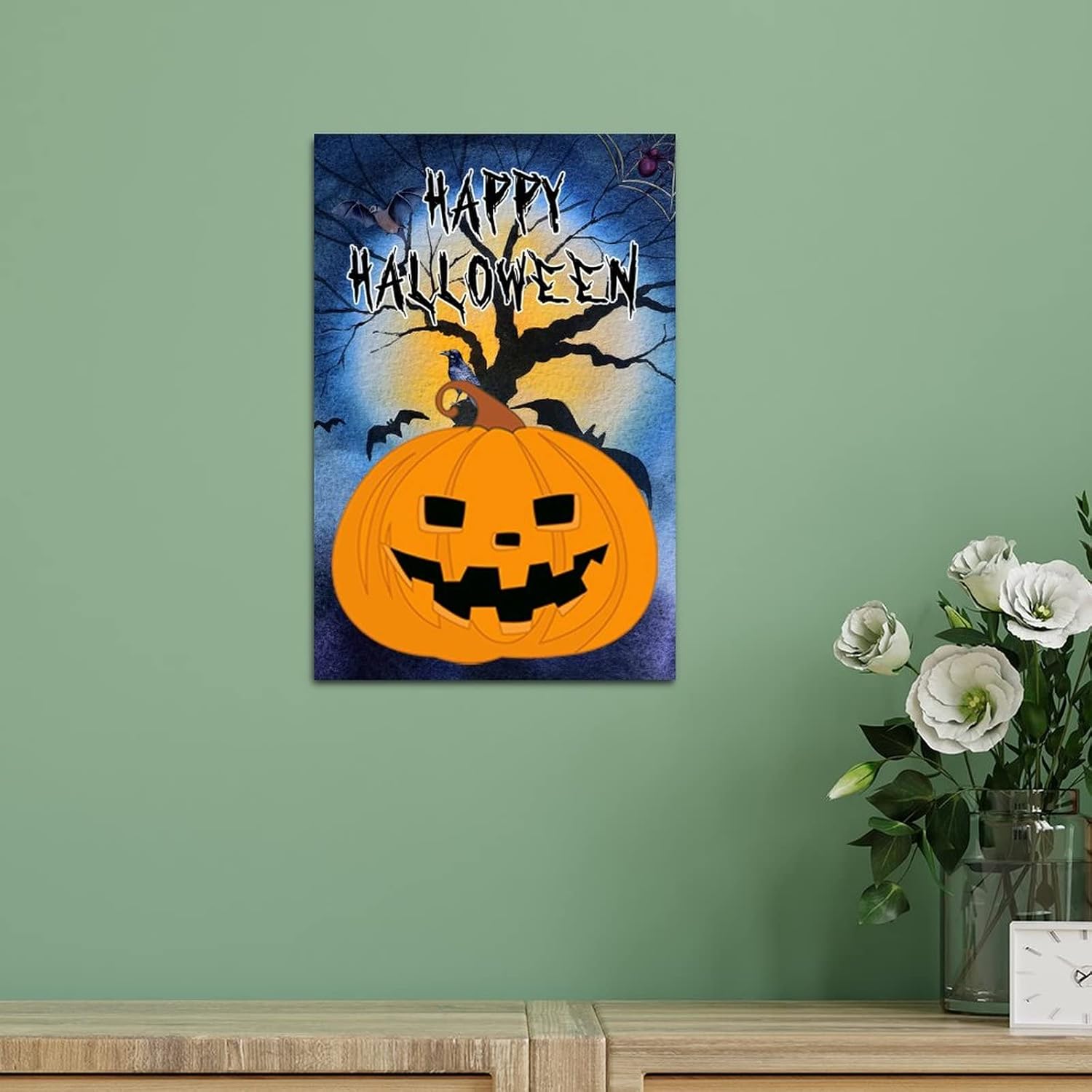 Scary Pumpkin Crow Wood Door Sign 12x8in