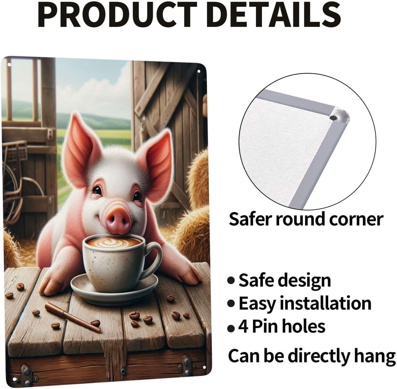 Farmhouse Pig Coffee Time Tin Sign Wall Art Decor