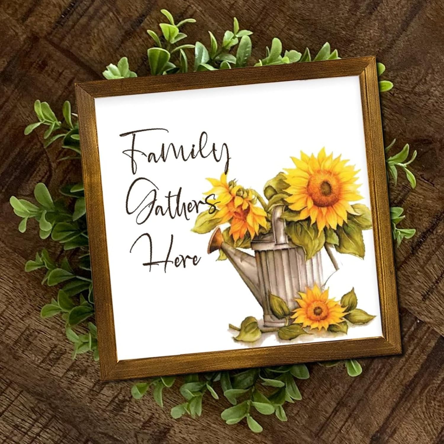 Family Gathers Here Framed Wood Sign 12x12 Inch
