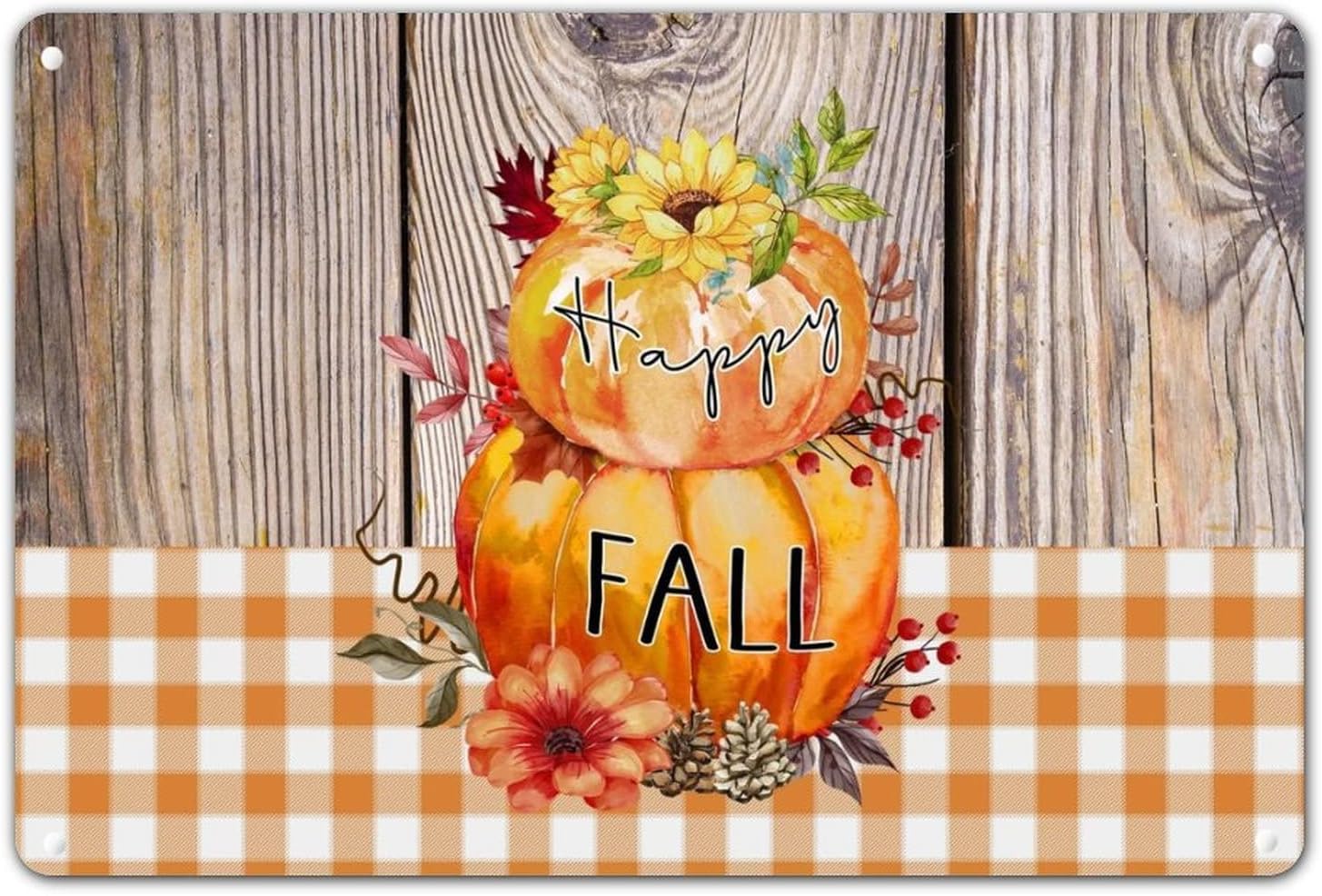 Happy Fall Sign with Pumpkin Sunflower Berries Metal Wall Art