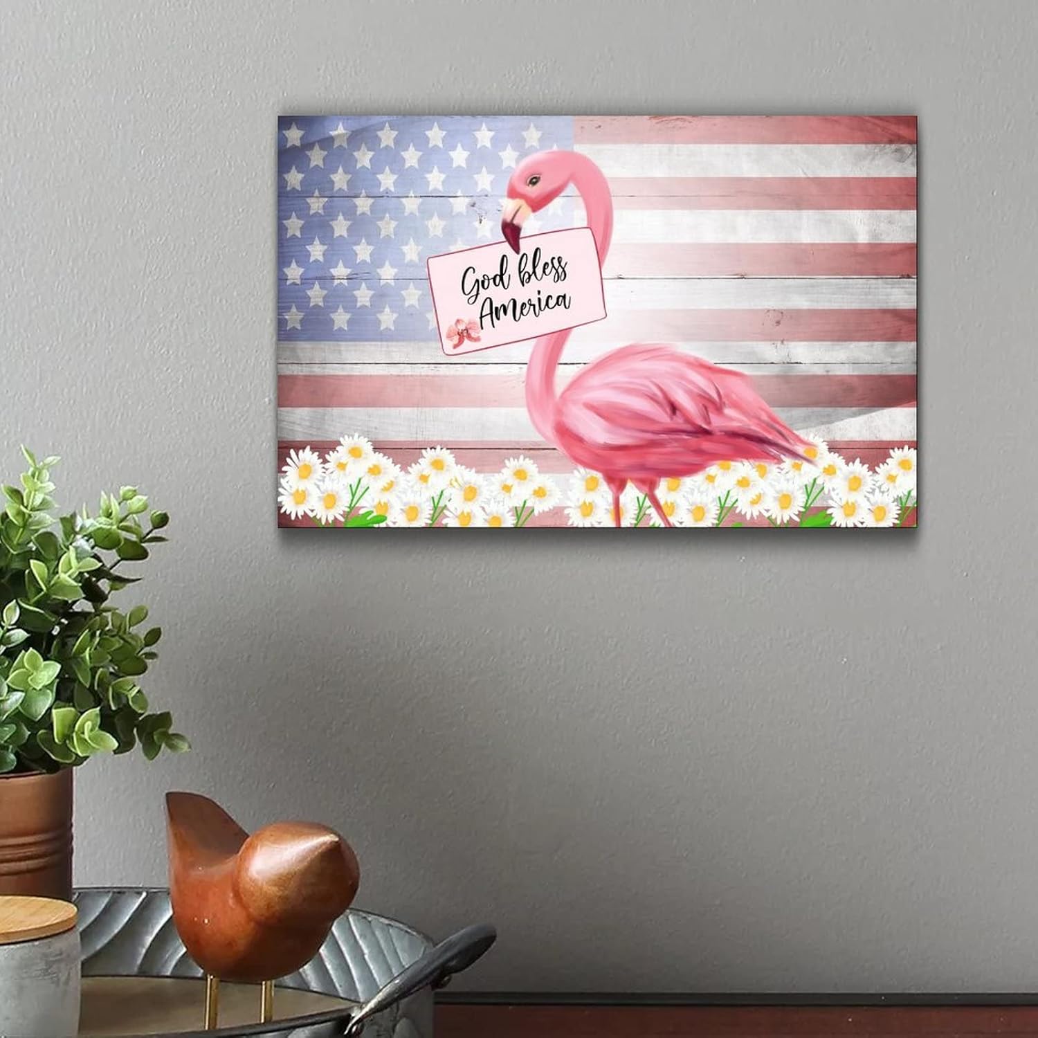 Patriotic Wooden Plaque with America Flag and Pink Flamingo Design