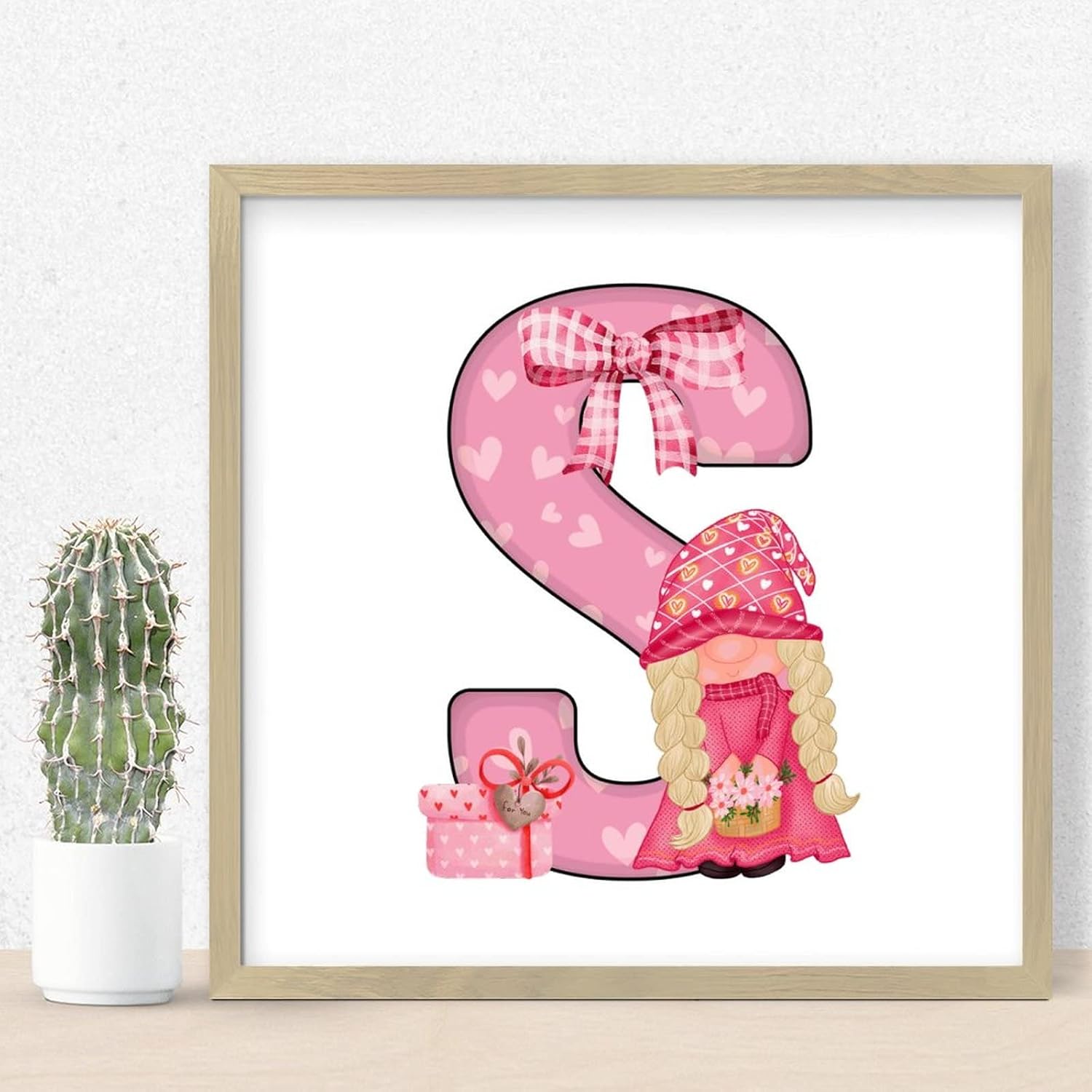 Personalized Wood Framed Sign Valentines Day Gnomes Initial Letter S