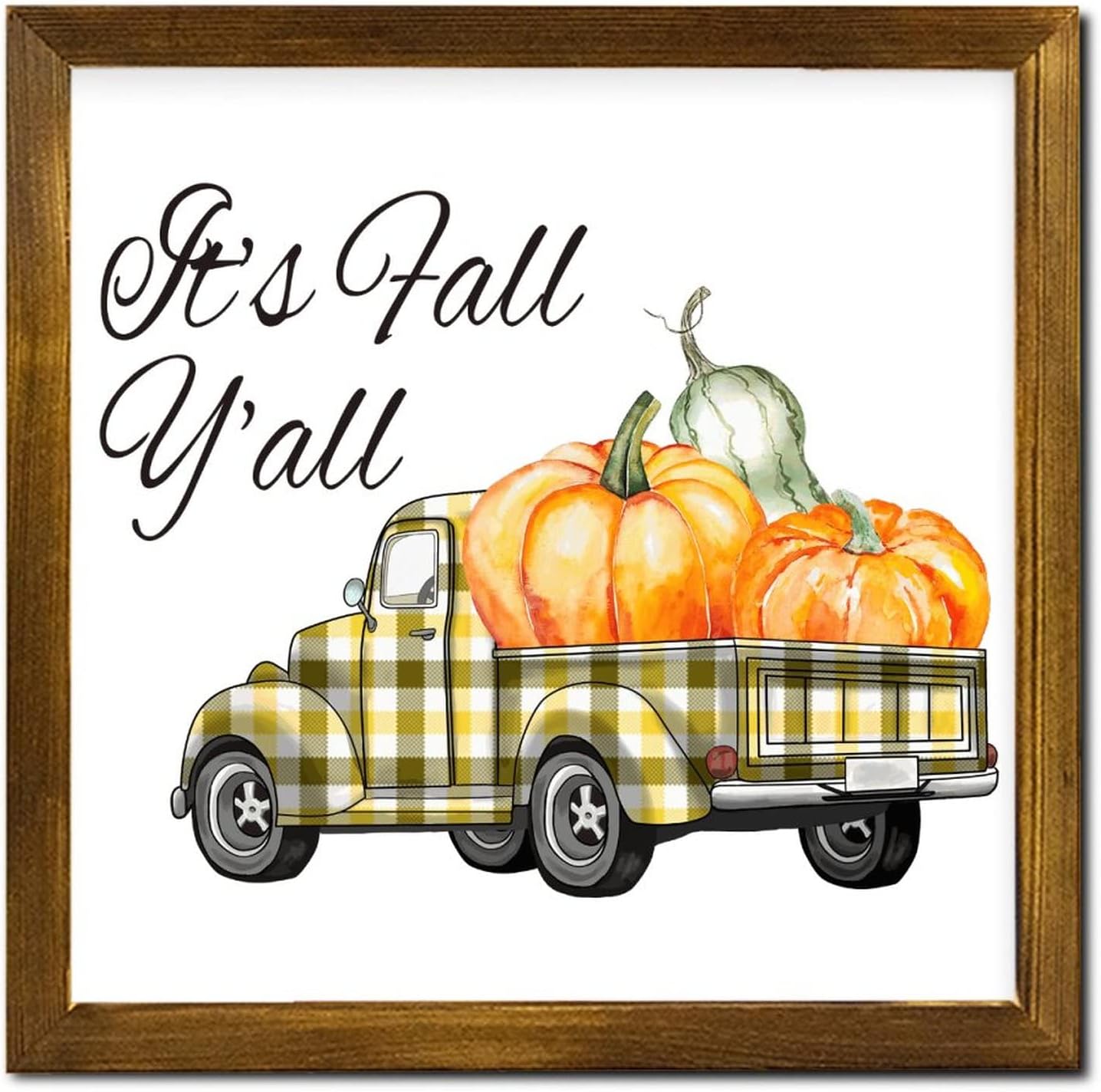 Fall-Themed Yellow Plaid Pumpkin Truck Wooden Wall Sign