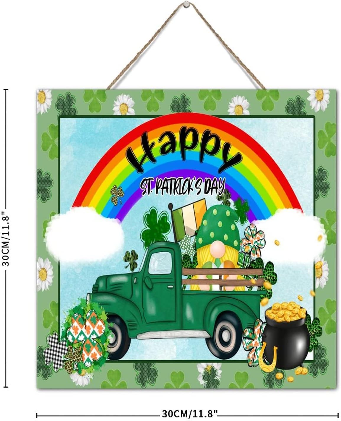 St Patricks Day Green Shamrock Gnomes Wall Decor Sign