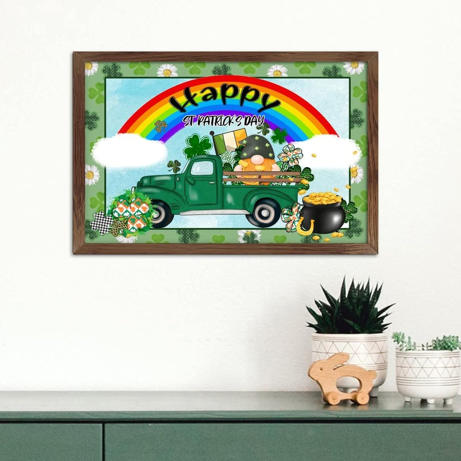 Rustic Wood Framed St Patricks Day Sign with Green Shamrock Gnomes