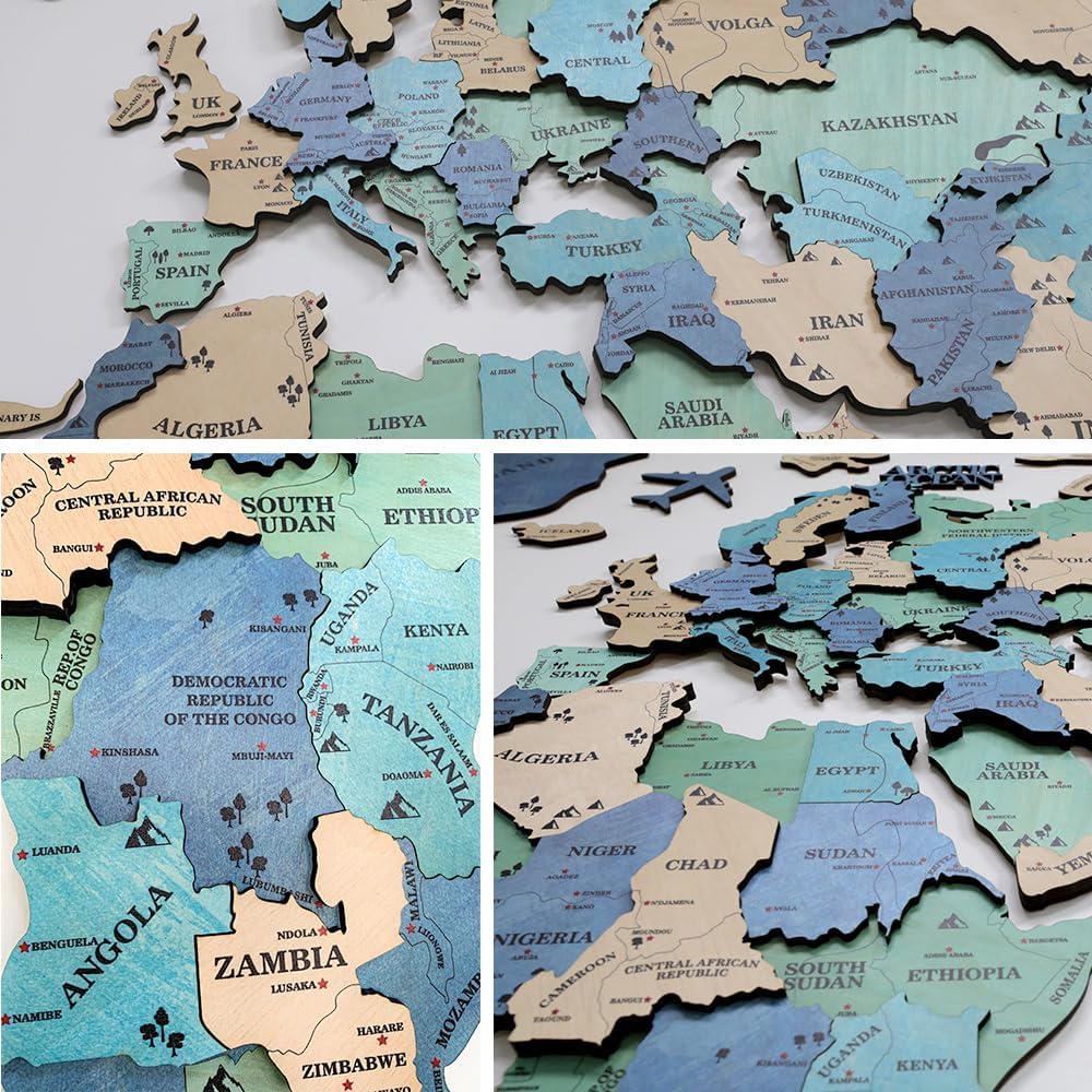 3D Wooden World Map Wall Art Decor Green XL