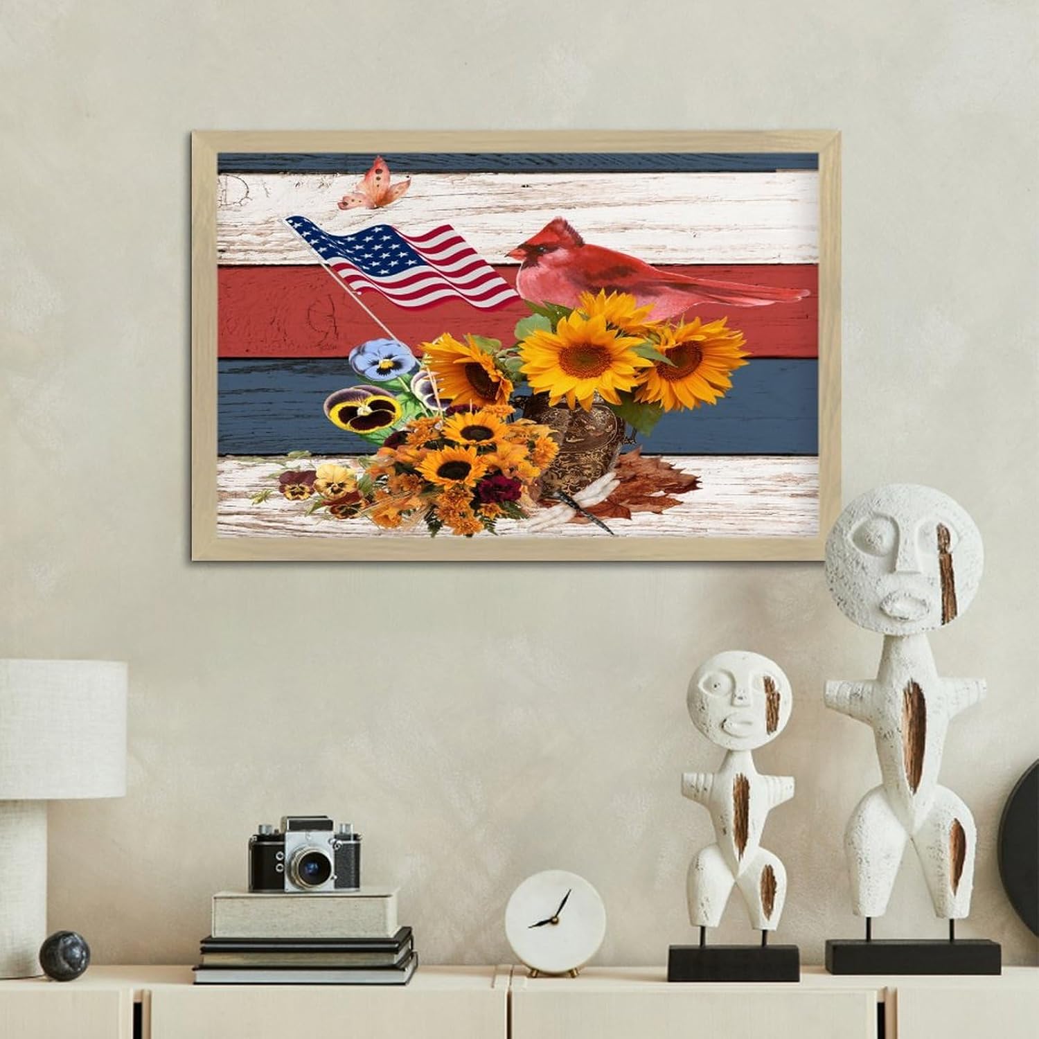 4th of July Patriotic Sunflower Cardinal Framed Wooden Sign 8x12in
