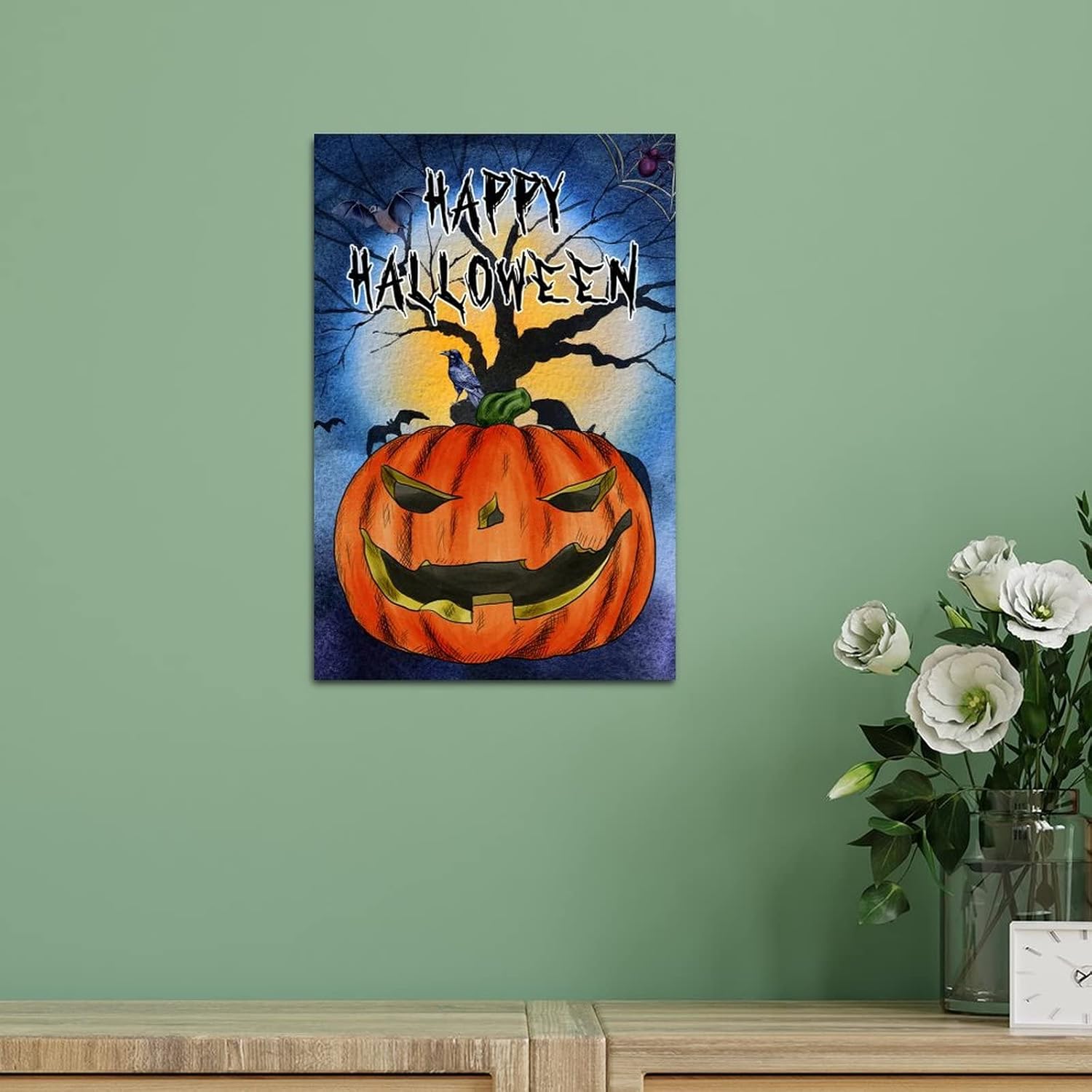 Scary Pumpkin Crow Wood Door Sign 12x8in 1