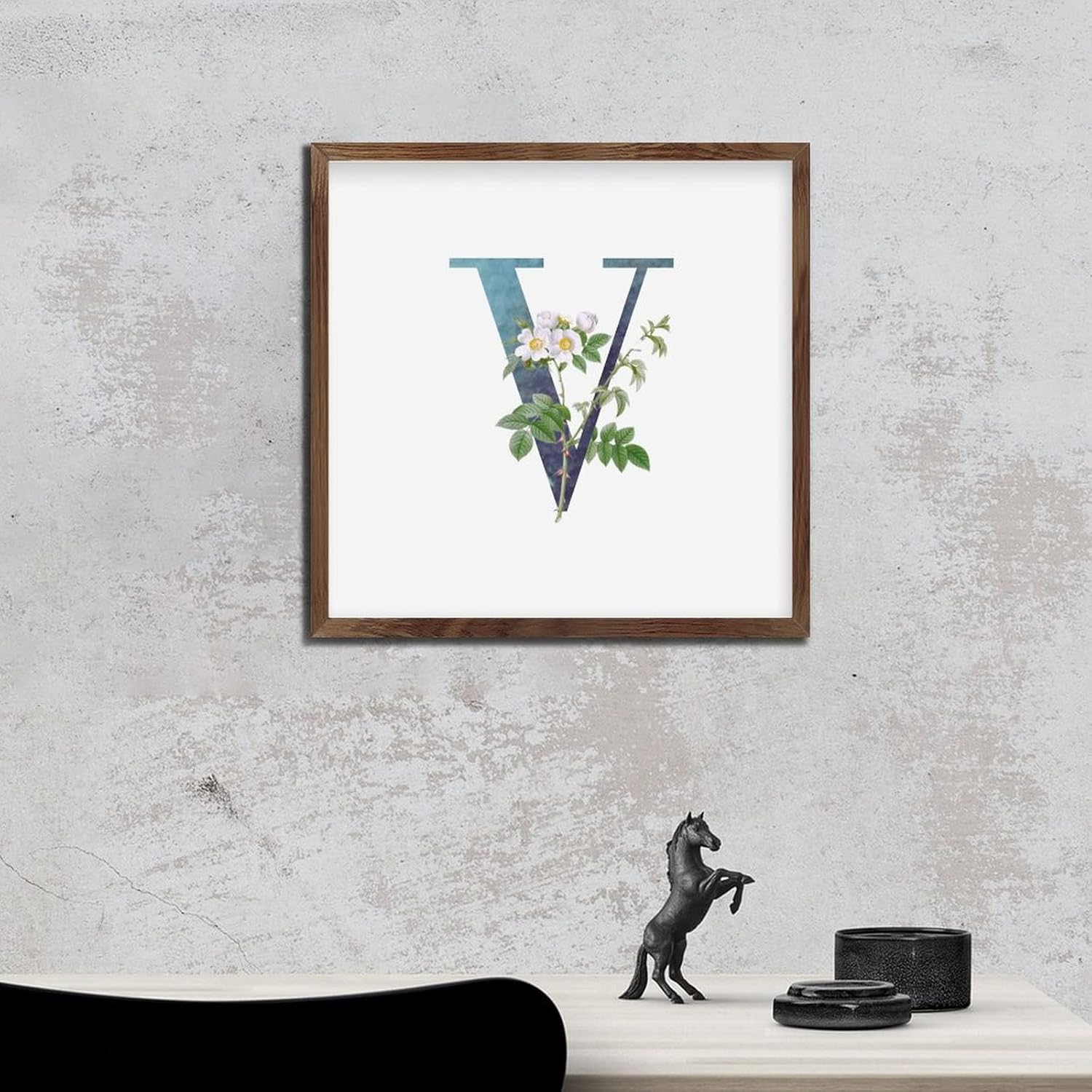 Farmhouse Framed Wooden Sign with V Blue Green Monogram