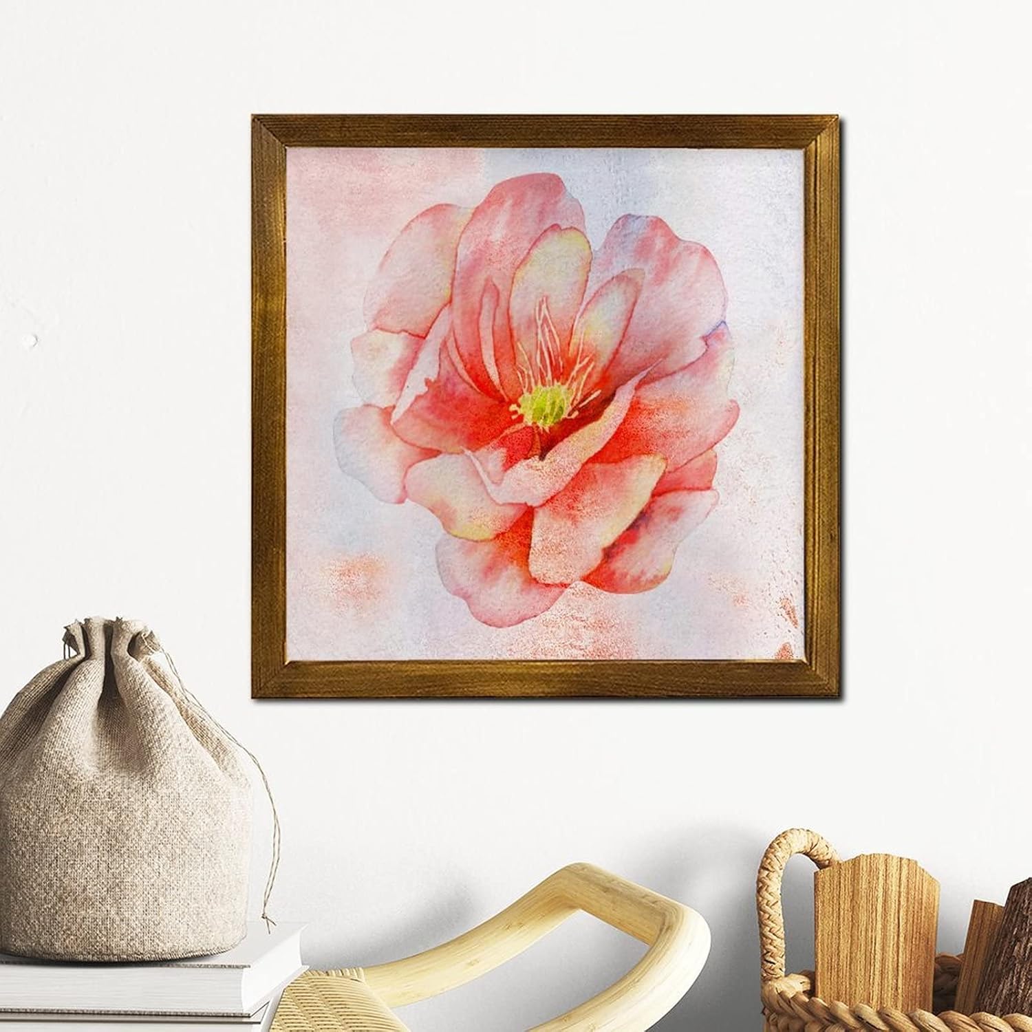 Retro Orange Hibiscus Flower Framed Wooden Sign 12x12 inch