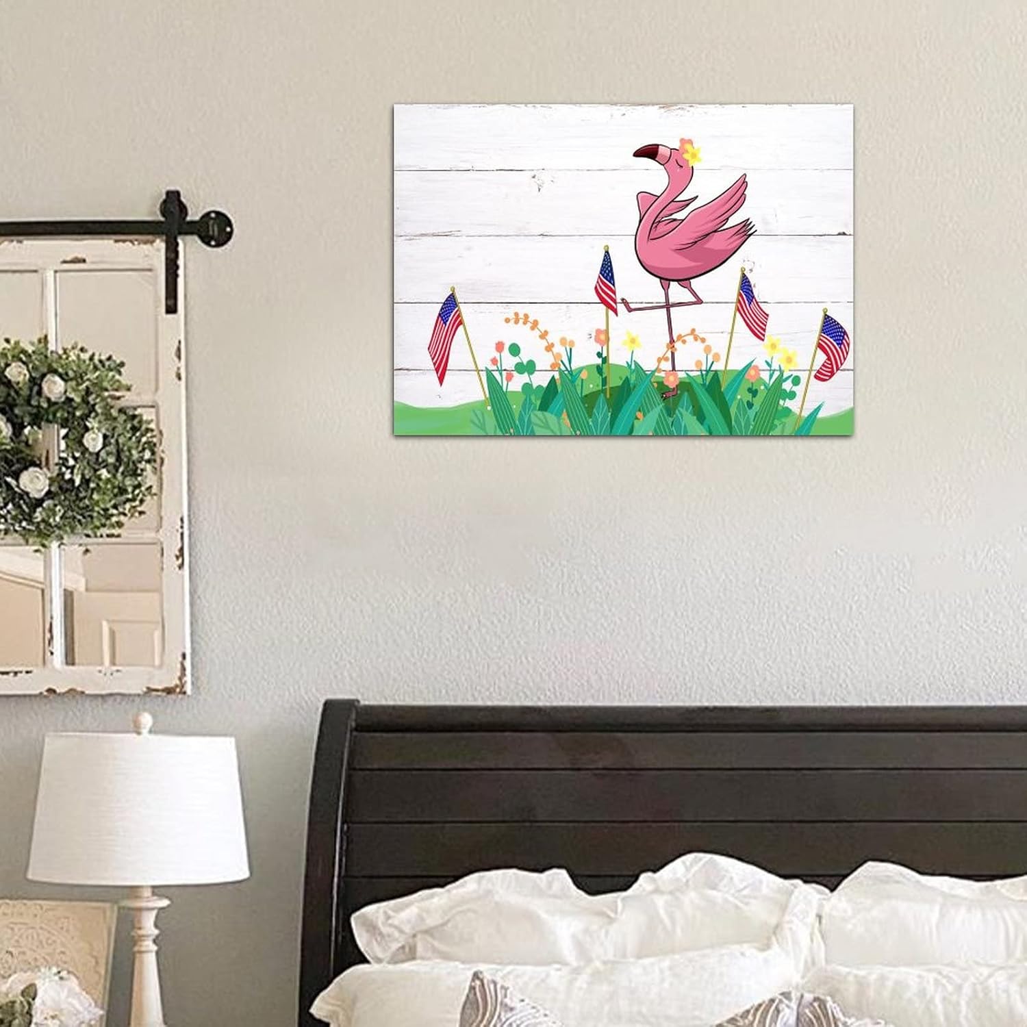 Pink Flamingo Fourth of July Wooden Decor 12x16in