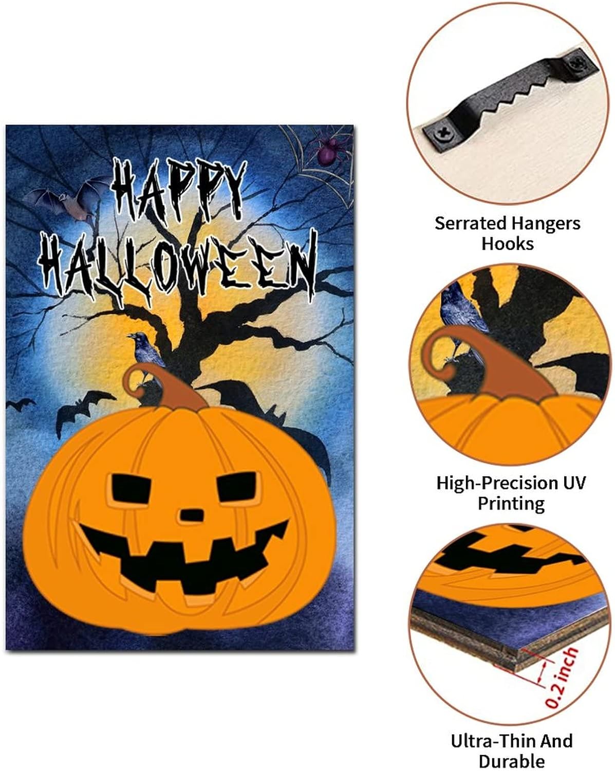 Scary Pumpkin Crow Wood Door Sign 12x8in