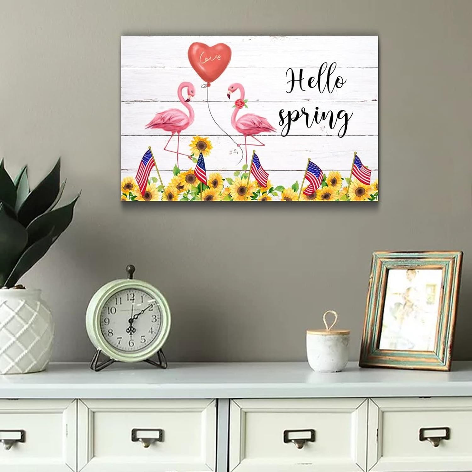 Wooden Flamingo Happy Life Sunflower Wall Hanging