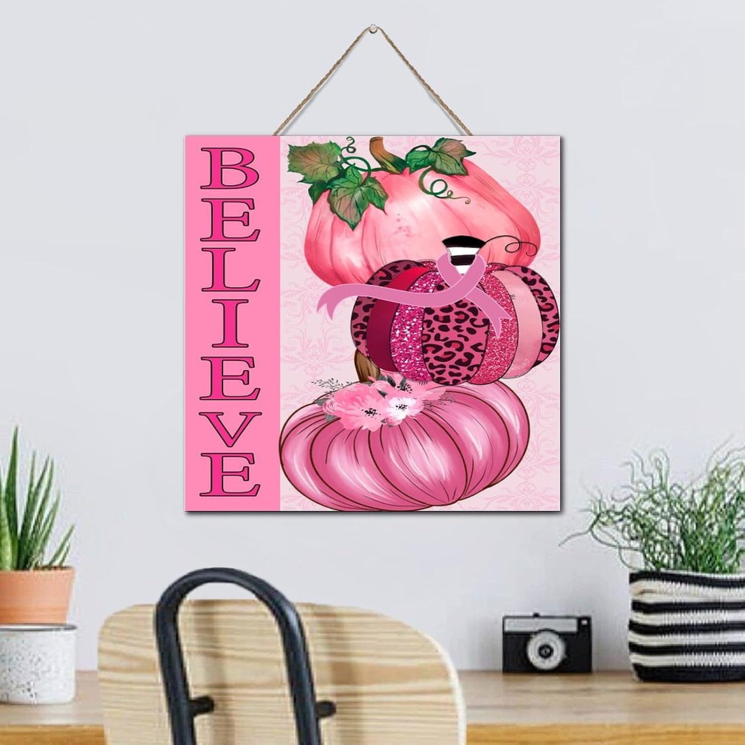 Believe Breast Cancer Awareness Farmhouse Wall Decor Wooden Sign 12x12