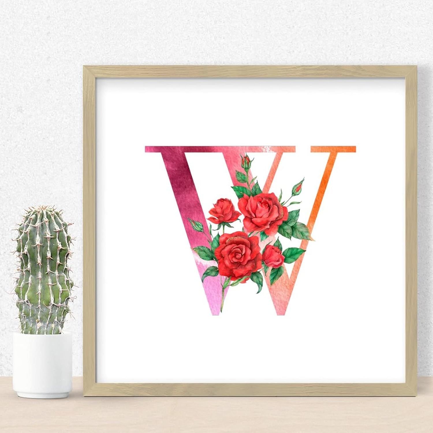 Red Monogram Initial Letter W Framed Wall Art Sign 12x12in