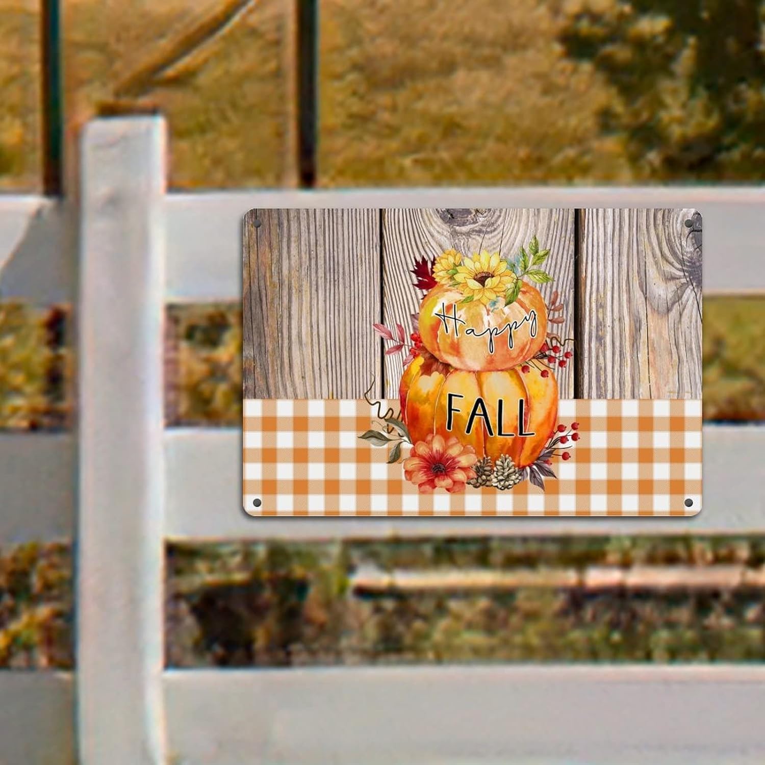 Happy Fall Sign with Pumpkin Sunflower Berries Metal Wall Art