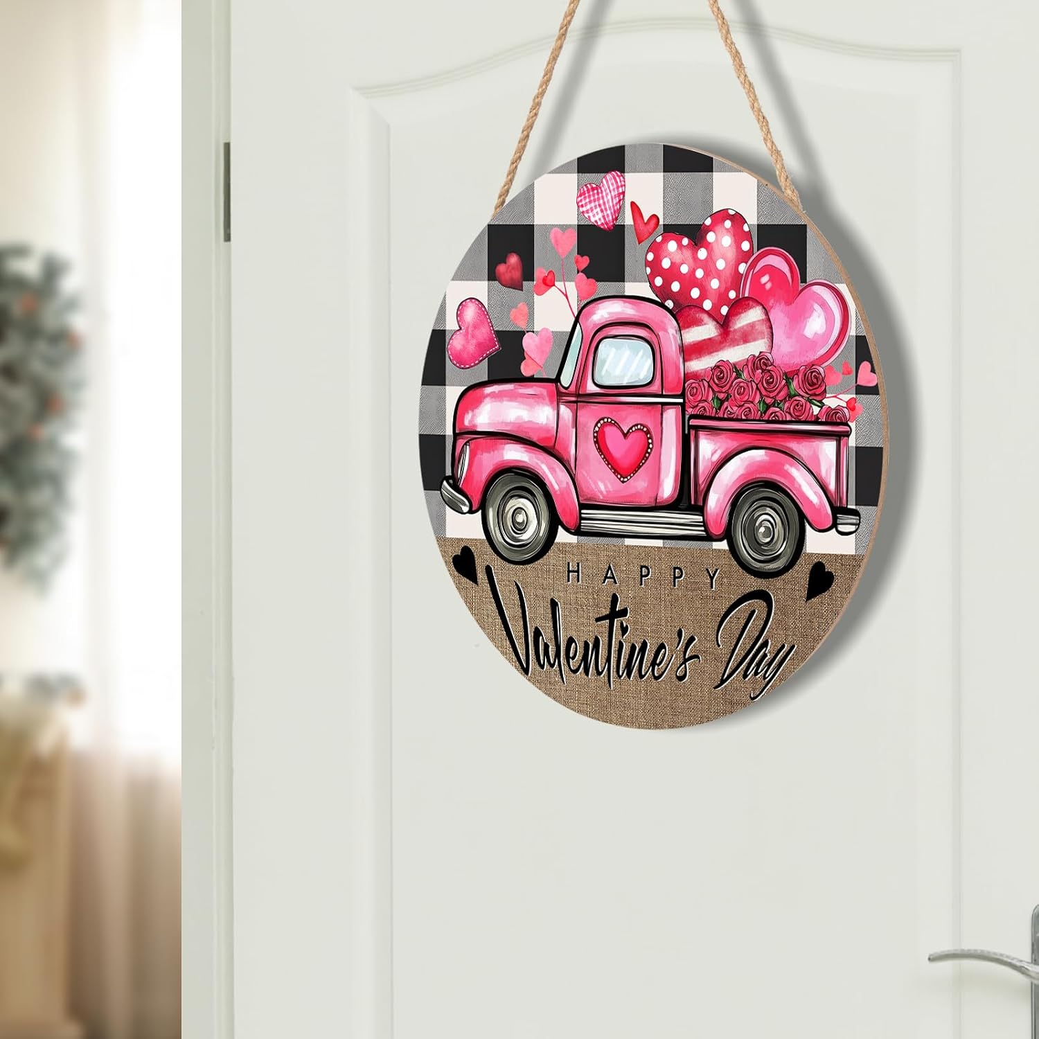 Valentines Day Door Sign with Pink Truck Hearts 12x12 Wood Hanger